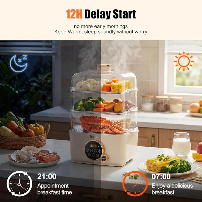 Kawu 16 Quart Food Steamer for Cooking, 4-Tier Electric Vegetable Steamer Hot Pot with Stainless Steel Tray, 1100W Fast Heating, 12H Timer, Keep Warm, Digital Steam Cooker for Grains, Meat & Sea Food