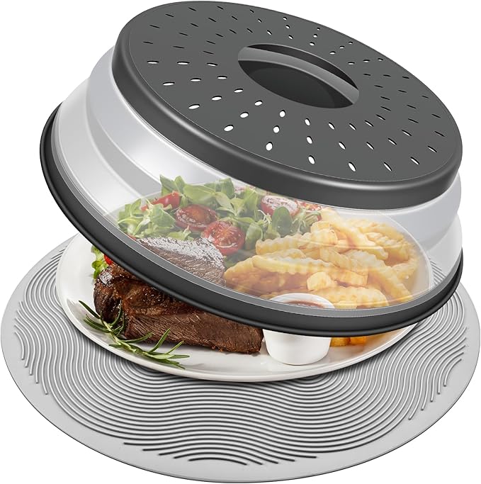 LekDrok Microwave Food Cover with Mat 12 Inch, Mat as Bowl Holder, Cover for Splatter Guard, Collapsible Lid for Plate Dish, Multi-Purpose Silicone Mat & Kitchen Colander Gadget for Meal Prep,Charcoal