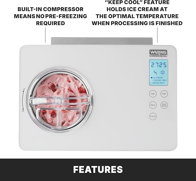 Waring Commercial WCIC20 2 Quart Capacity Ice Cream Maker with Built in Compressor, 180W, 120V, 5-15 Phase Plug