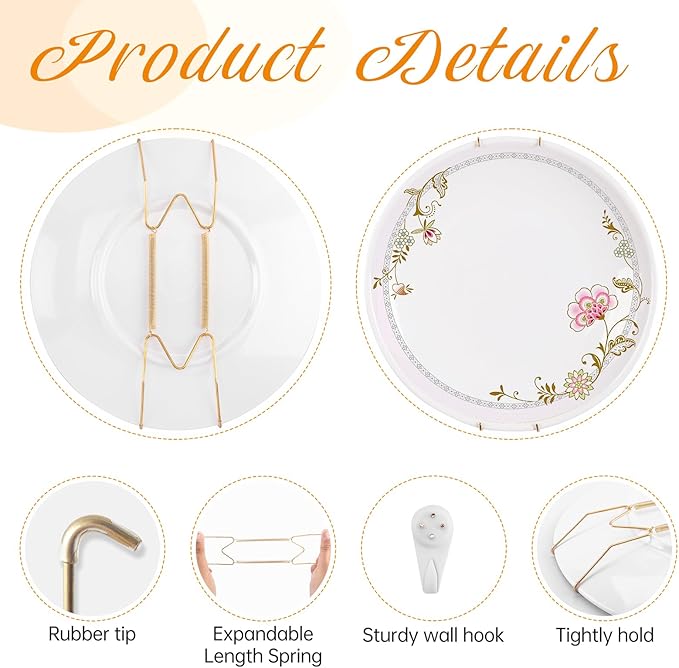 Bilillo 20 pcs Plate Hangers for The Wall, 4/6/8/10 Inch Invisible Decorative Wall Plates Hangers, Stainless Steel Plate Wall Holders for Display Various Sizes with Hooks for Decorative Gold