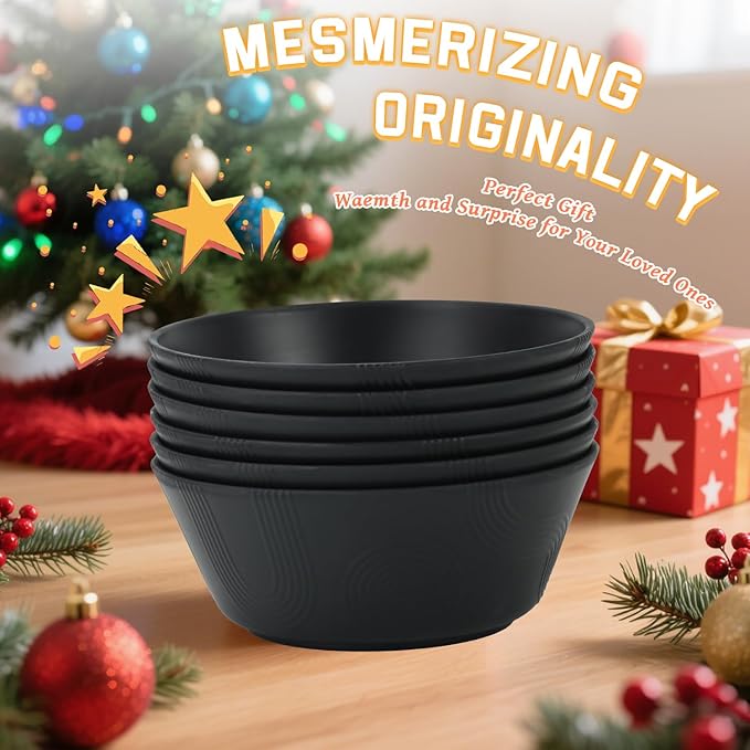 Homienly Cereal Bowl, Large Soup Bowl Set, Wheat Straw Bowl with Textured Design - 36oz Bowl Set, 6 PCS Microwave and Dishwasher Safe Bowls, Bowls for Kitchen, Serving Soup,Ramen,Pho,Salad - Black