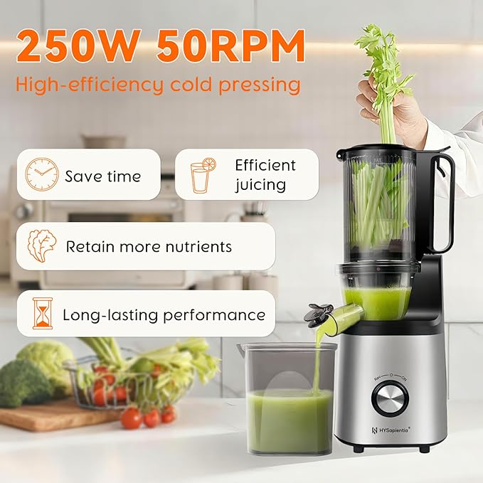 Cold press juicer machines，HYSapientia Electric masticating slow juicer for vegetable and fruit,Powerful Motor,Self Precut System,Easy to Clean,High Juice Yield,Juice & Fruit Purée Gelato Strainers