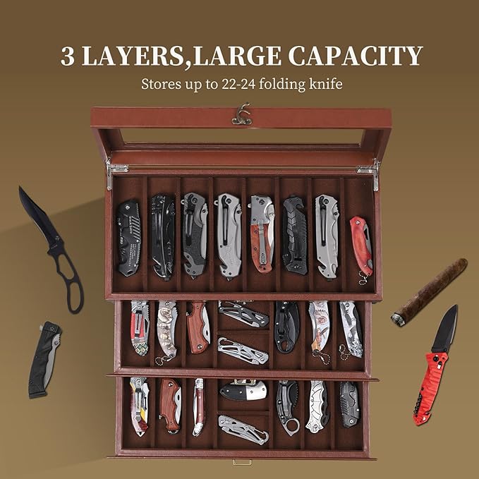 AUTOARK 3-Tier PU Leather & Velvet Knife Organizer with 26 Slots,Transparent Glass Top & Drawer,Compact Storage for Pocket Knives,Ideal for Men's Collections & Gifts,Coffee,MKAW013