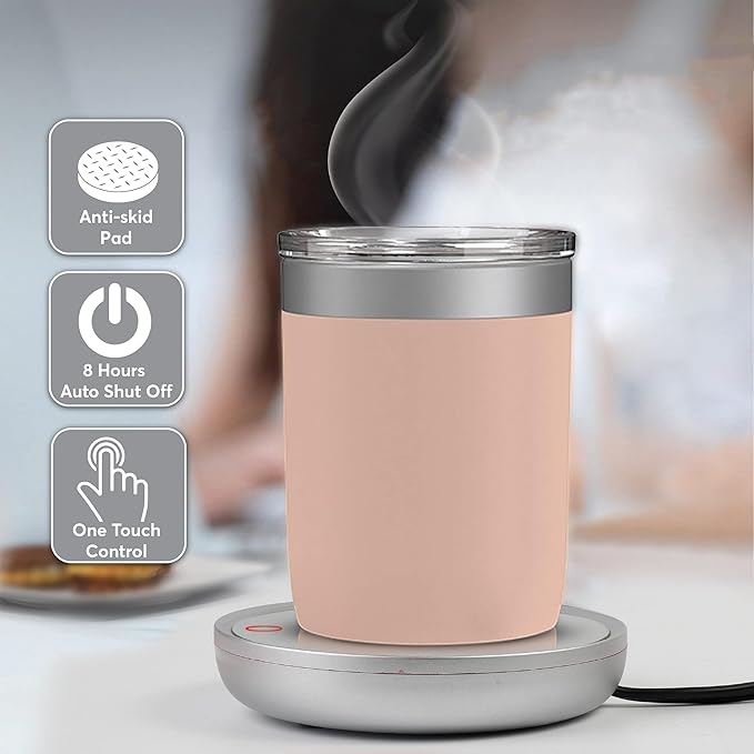 Coffee Mug Warmer with Auto Shut-Off – Compact 17W Cup Warmer for Desk with Gravity Switch – Electric Candle Warmer Plate for Jar Candles – Keeps Coffee, Tea & Drinks Warm – Safe & Durable (Silver)