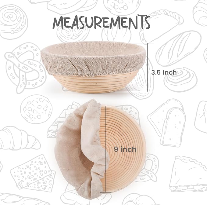 DOYOLLA Round Bread Dough Proofing Rising Rattan Baskets(Set of 2, 9 inch) w/Liners for Home Sourdough Bread Bakers