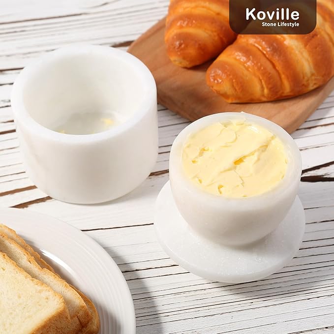 Koville White Marble Butter Keeper Handmade French Butter Holder For Kitchen Counter Decor, Stone Butter Dish Butter Container & Crock for Kitchen, Handmade Butter Crock For Spreadable Butter Ideal