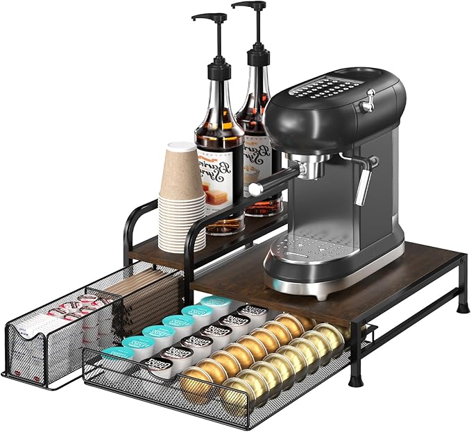 Coffee Bar Organizer with Pod Holder Drawer, 4 Syrup Bottle 40 Pods Capacity for Nespresso, Coffee Station Organizer for Most Single-Serve Brewers, Countertop K Cup Holder for Kitchen Cafe Office
