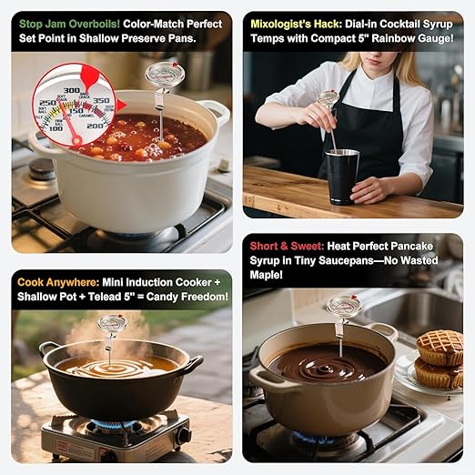 Upgraded Candy Thermometer Waterproof IP67 - Oil Thermometer for Frying with Clips - 5" Side of Pot Rainbow dial Thermometer Deep Fry for Oil Candy Candle Shallow Pot BBQ - Silver XL