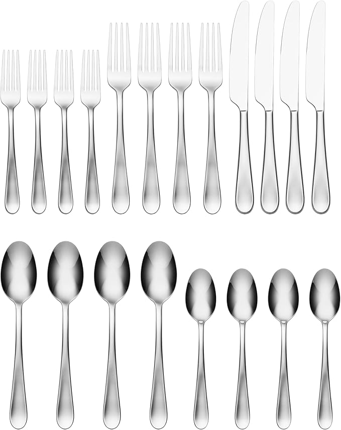 Oneida Silverware Set, Grant 20 Piece Everyday Flatware Set, Service For 4, 18/0 Stainless Steel, Dishwasher Safe, Knives Spoons And Forks Set, Dishwasher Safe, Home And Kitchen (Silver, 20 Pieces)