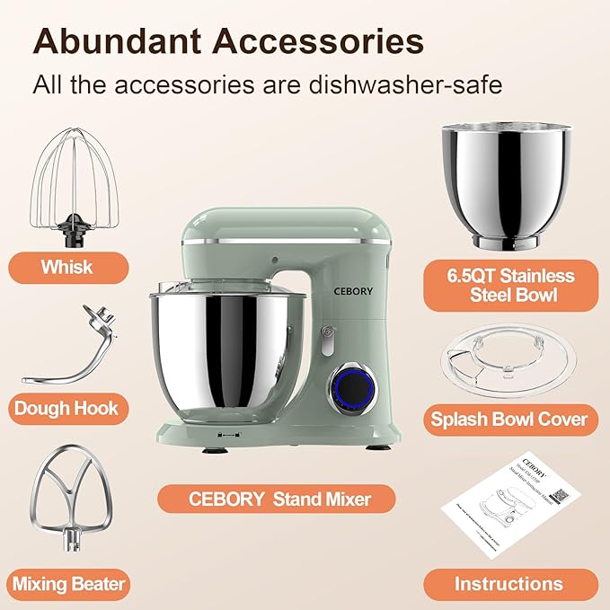 CEBORY 3-IN-1 Electric Stand Mixer, 6.5QT Bowl 660W 10-Speed Kitchen Mixer, Household Food Mixers include Dough Hook, Beater and Whisk, Bread Cake Mixer for Baking and Most Home Cooks, Green