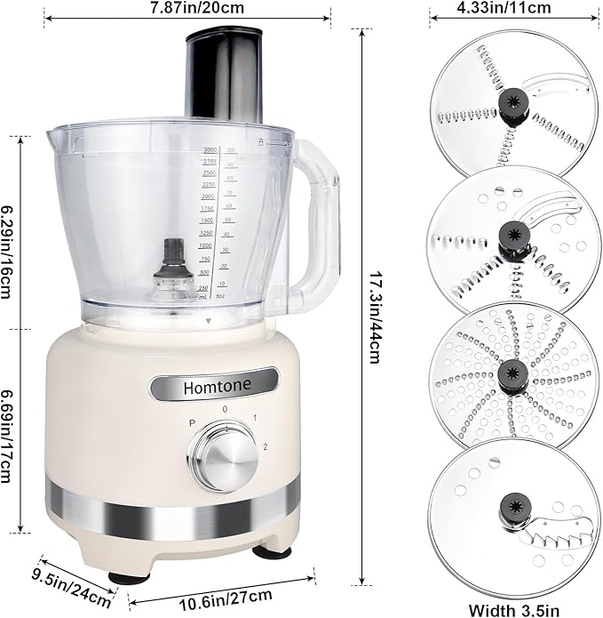 Homtone 16-Cup Food Processor, Heavy-Duty 9-Function Vegtable Chopper with 7 Blades & 3 Speeds for Dough Kneading, Meat Chopping, Slicing, Shredding & French Fry Cutting, Dishwasher Safe, White