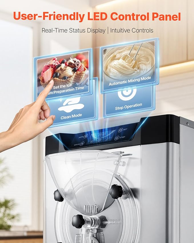 VEVOR Commercial Hard Ice Cream Machine, 2000W 3.17-5.28 Gal/Hour, Countertop Gelato Hard Serve Ice Cream Maker with 6L 304 Stainless Steel Cylinder, Auto Clean LED Panel for Snack Bar Restaurants