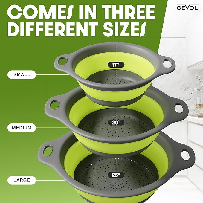 3-Pack Collapsible Colanders with Self-Draining Base, Over Sink-edge Silicone Food Strainers, Small/Med/Large Sizes, Nesting for Easy Compact Storage (3Qt, 4Qt, 5-Quart Set) Green/Gray