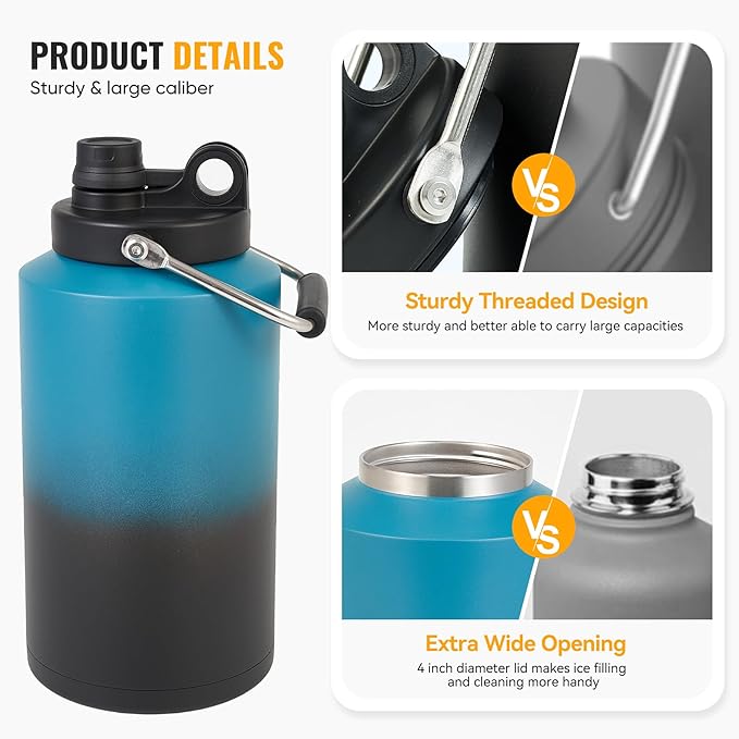 Insulated Gallon Jug with Handle, One Gallon, 128oz Stainless Steel, Large Double Vacuum Water Bottle for Cold Drinks, Wide Mouth, Sweat Proof, Carrier bag, Great for Travel, Camping, Blue Gradient