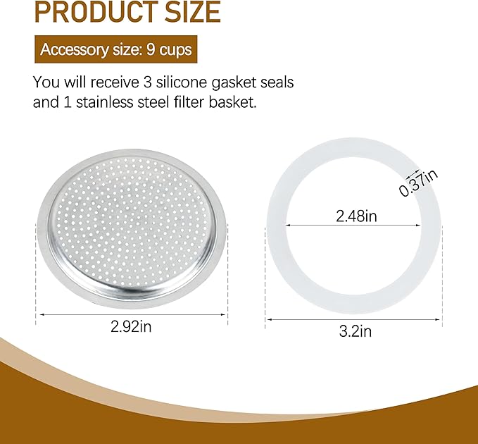 Silicone Sealing Ring AluminumReplacement Filter 9 Cup For Stove Top Espresso Maker Replacement Filler Parts Set Includes 1 Filter and 3 Upgraded Silicone Rings