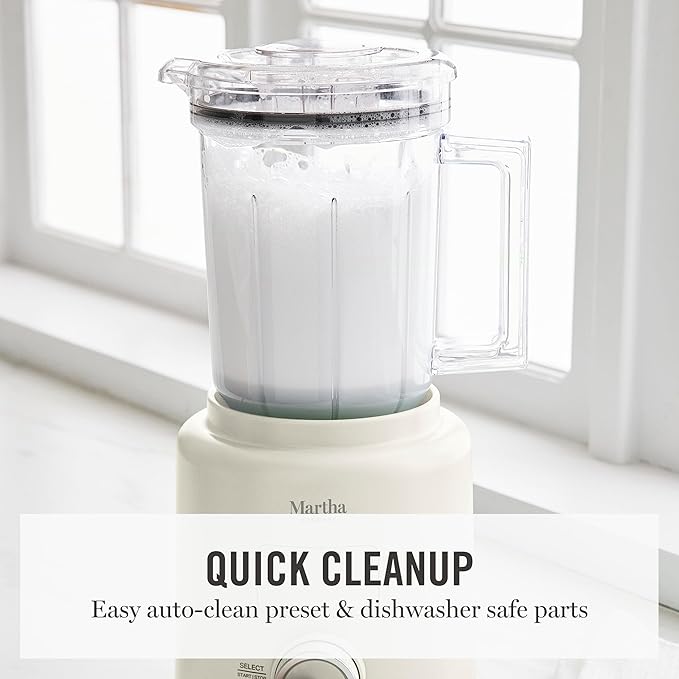 Martha Stewart 50oz Countertop Blender, Smoothie, Margarita & Ice Crushing Blender, BPA-Free Pitcher, 3 Speeds, 5 Presets, Auto-Clean Function, Dishwasher Safe, Stainless Steel Blades, Linen Cream