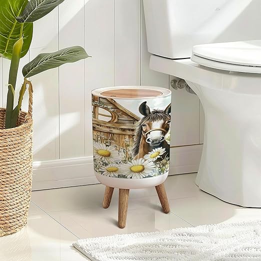 Trash Can with Lid Donkey Nature Farm Animals Seamless Pattern Hand Drawn Watercolor Press Cover Round Small Garbage Bin with Wooden Legs Waste Basket for Kitchen Bedroom Nursery 7L/1.8 Gallon