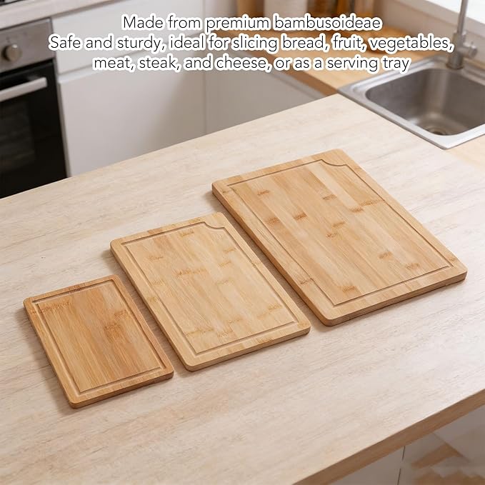 3pcs Wood Chopping Boards Set, Smooth Cutting Boards with Grooves and Inner Handles for Kitchen, Meat Vegetables Fruits