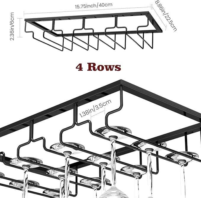 Nuovoware Wine Glass Rack, 4 Rows Wine Glass Holder Storage Hanger Metal Organizer Under Cabinet Stemware Rack for Bar Kitchen Cabinet, Black