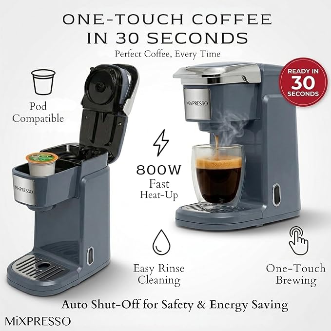 Mixpresso Single Cup Coffee Brewer - Quick Brew, One Touch Function, 12oz One Cup Grey Coffee Maker