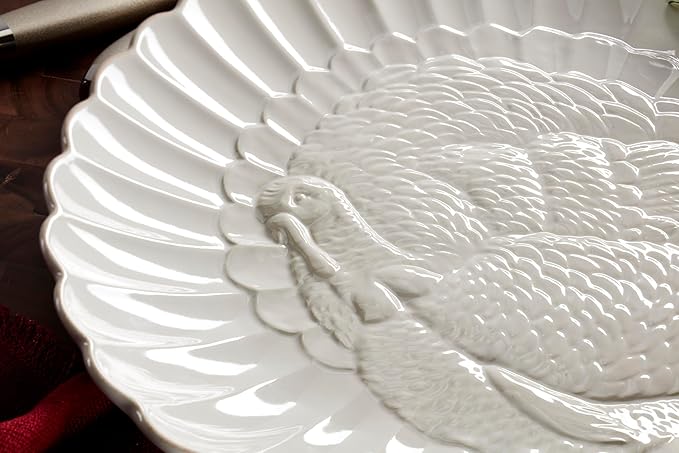 Lenox Serveware, Lenox French Perle Carved Turkey Platter, Scalloped, Oval, 18-Inch, Stoneware, Dishwasher Safe, Turkey Platter for Thanksgiving, Winter Hosting, Christmas Serving (White, 1 Piece)