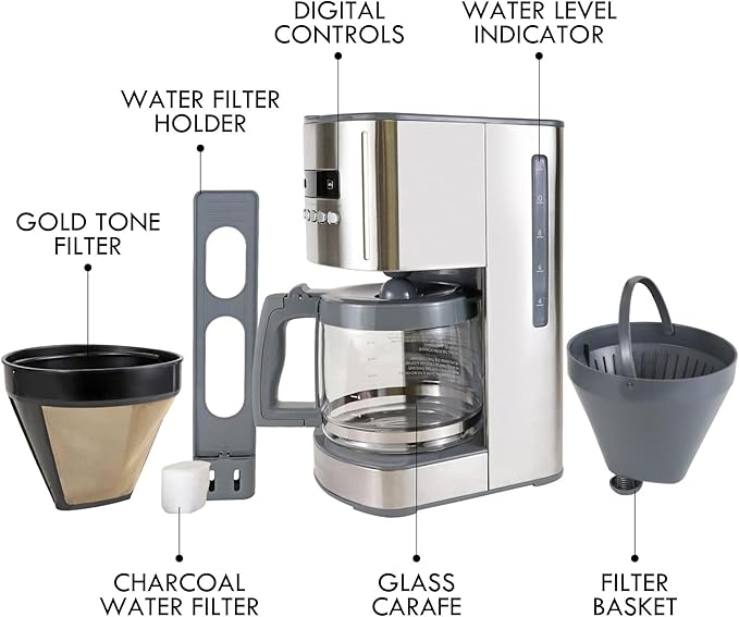 Koolatron Kenmore Elite Drip Coffee Maker - 12-Cup Programmable Coffee Machine With Glass Pot, Pause and Pour, Auto Shut-Off, Large Water Reservoir, Reusable Filter, Dishwasher Safe Carafe