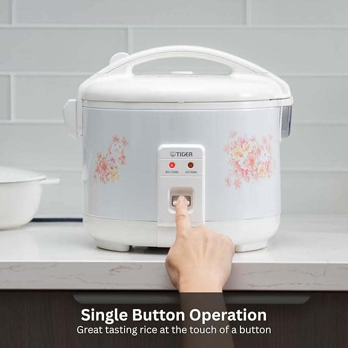 Tiger JNP-1000-LF 5.5 Cup Capacity White Rice Cooker with Non-Stick Inner Pot, Retractable Power Cord, and Keep Warm up to 12 hours (Flower)