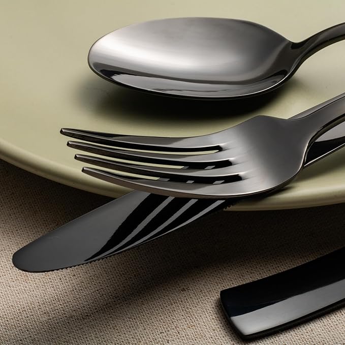 Alata Kate Black Mirror 20-Piece Silverware, Service for 4, Stainless Steel Flatware, Mirror Polished Cutlery, Dishwasher Safe