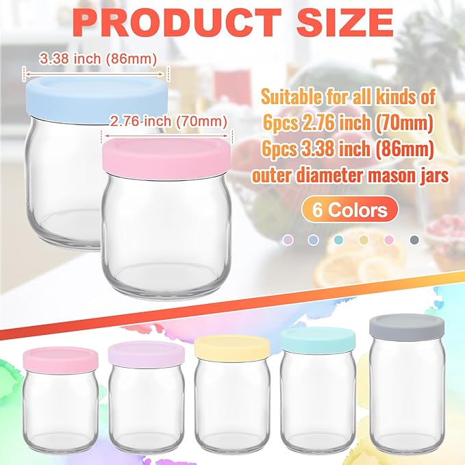 Teenyyou 12 Pcs Mason Jars 6 Wide and 6 Regular Mouth Lids Mason Jar Lids Thickened Leak Proof Lid for 86 mm and 70 mm Wide and Regular Mouth, Reusable Canning Jar Caps(Macaron)