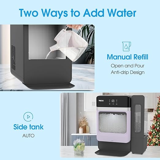 VECYS Nugget Ice Maker, 33LBS/Day Countertop Ice Machine, Self-Cleaning Portable Pellet Ice Maker with Stainless Steel Trim, 3.8L Side Water Tank, Chewable Sonic Ice for Home, Office, Bar