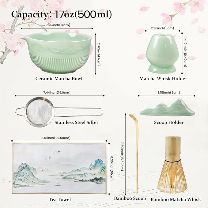 7PCs Matcha Whisk Set Traditional Japanese Green Matcha Kit with Whisk and Bowl Matcha Making Accessories Bamboo Chasen Tea Spoon Holder Sifter Tea Towel Ceremony Macha Tea Set for Beginners