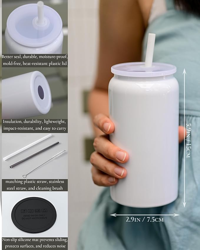 6 Pack Glass Cups with Lids and Straws, 16oz Stainless Steel Sublimation Tumbler, Beer and Iced Coffee Cups, Smoothie Cup for Whiskey, Soda, Tea, Water
