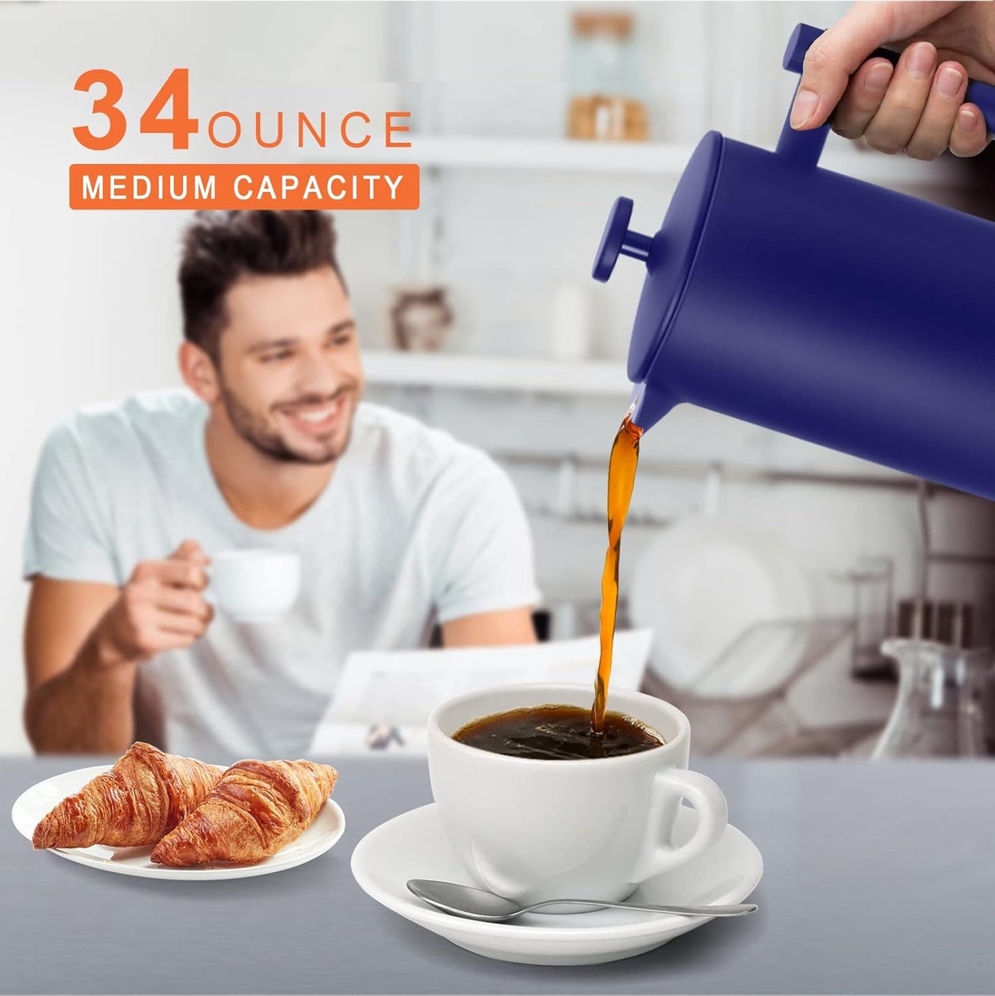 Secura French Press Coffee Maker, Double-Wall 304 Grade Stainless Steel Coffee Press with 2 Extra Screens, 34oz (1L), Blue