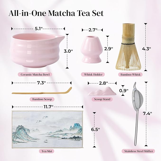 DOWAN Matcha Whisk Set, 7 Pcs Matcha Set Includes Bowl with Spout, Whisk and Holder, Bamboo Scoop and Holder, Sifter and Tea Towel - 7 Pcs Matcha Kit Gift for Lovers Beginners, Christmas (Pink)