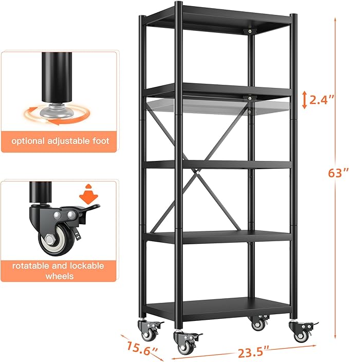 REIBII 5-Tier Storage Shelves with Wheels, Heavy Duty Wire Shelving Unit 1158LBS Capacity - Adjustable Feet for Kitchen, Pantry, Office Organization, Bathroom,15.6" D x23.5 W x63 H