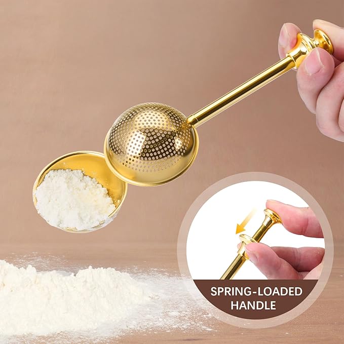 HULISEN Flour Duster for Baking, One-Handed Operation, 304 Stainless Steel Powdered Sugar Shaker Duster, Pick Up and Dust Flour Sifter, Gift Package, Gold