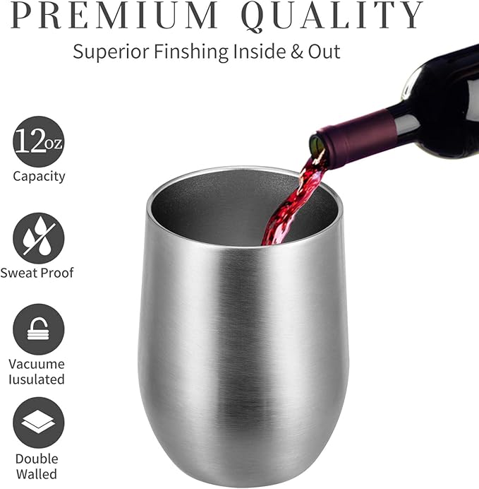 MEWAY 12oz/12 Pack Wine Tumbler Glasses with Lid -Double Wall Vacuum Stainless Steel Travel Tumbler Mug,Stemless Insulated Wine Cup for,Coffee,Cocktails,Gifts (Silver,Set of 12)
