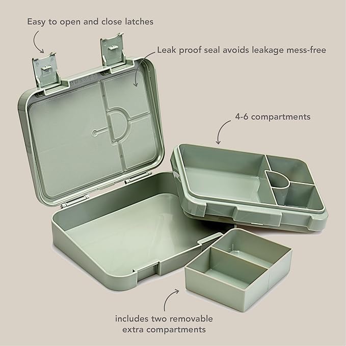 nouka Grand Bento Box | Easy to open latches | Spill Proof Design | 6-Compartment Removable Tray | Moss