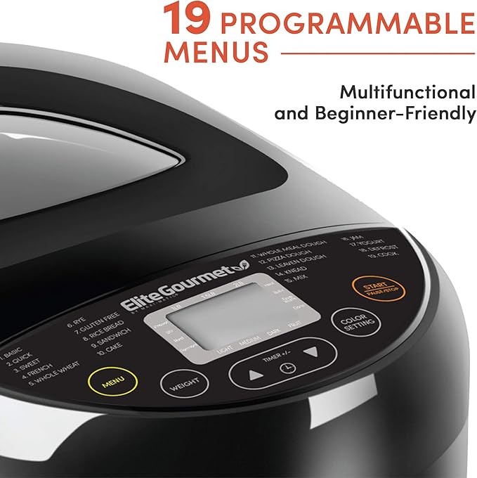 Elite Gourmet 4-Tray Food Dehydrator and Programmable Bread Maker Machine with 19 Menu Functions, 3 Loaf Sizes, and 15-Hour Delay Timer