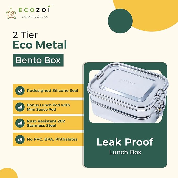 ecozoi Leak Proof Stainless Steel Lunch Box, 3-in-1 Eco Bento Box | Redesigned Silicone Seal + Bonus Lunch Pod | Sustainable Tiffin Eco Friendly Metal Bento Box Food Storage Containers