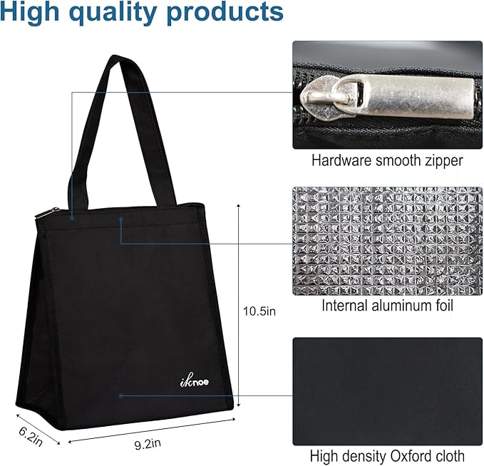 iknoe Insulated Lunch Bag for Women & Adults, 9L Foldable Wide-Open Cooler Bag with Pockets, Leakproof & Portable, for Picnic, Office, Beach(Plain Black)