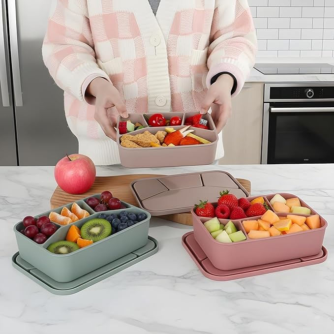 SHENLIU 6 Pcs Silicone Bento Box, 6 Colors Reusable Lunch Container 4 Compartment LeakProof Lunch Container 42 OZ Unbreakable Meal Prep Food Storage for Adult Oven Dishwasher Safe