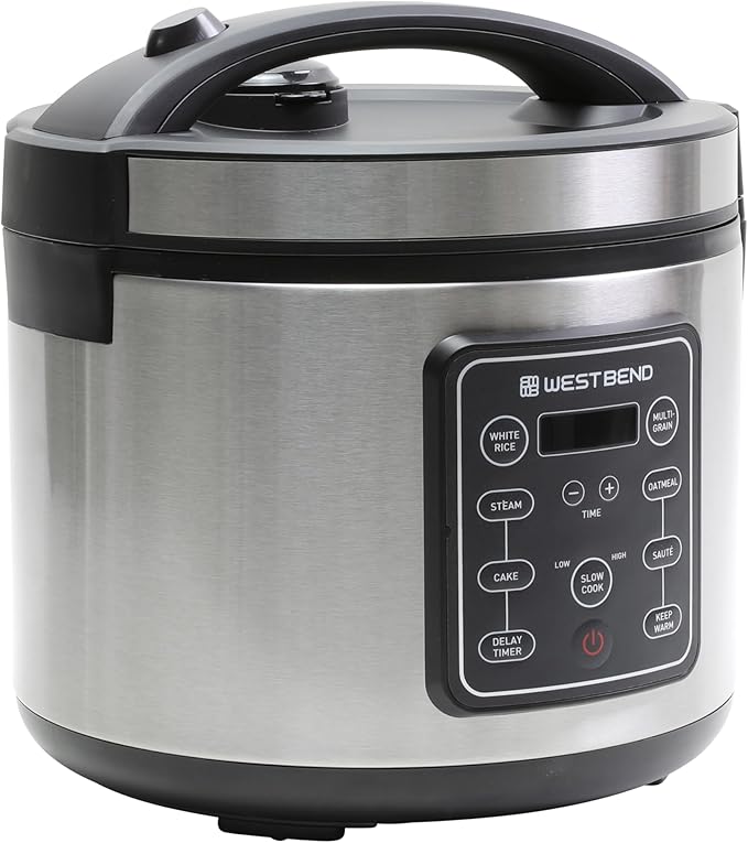 West Bend Rice & Grain Multi Cooker Programmable with 9 Preset Functions, Features Delay Start and Keep Warm Functions and Steam Basket, 20 Cups Cooked (10 cups uncooked), Stainless Steel
