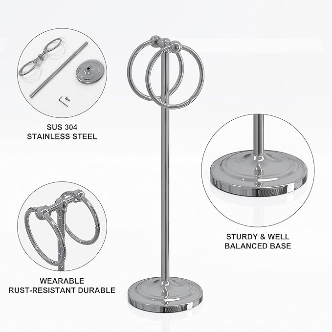 BGL Fingertip Towel Holder Stand Hand Towel Ring for Bathroom or Kitchen Vanity Countertops to Store Hand Towels Washcloths or dishcloths - 2 Hanging Rings?17" High-Chrome