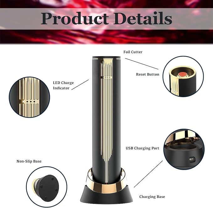 Electric Wine Bottle Opener with Charging Base and Steel Built-in Foil Cutter, Rechargeable Automatic Wine Corkscrew, Easy Bottle Opening, Luxurious Wine Gifts for Wine Lovers