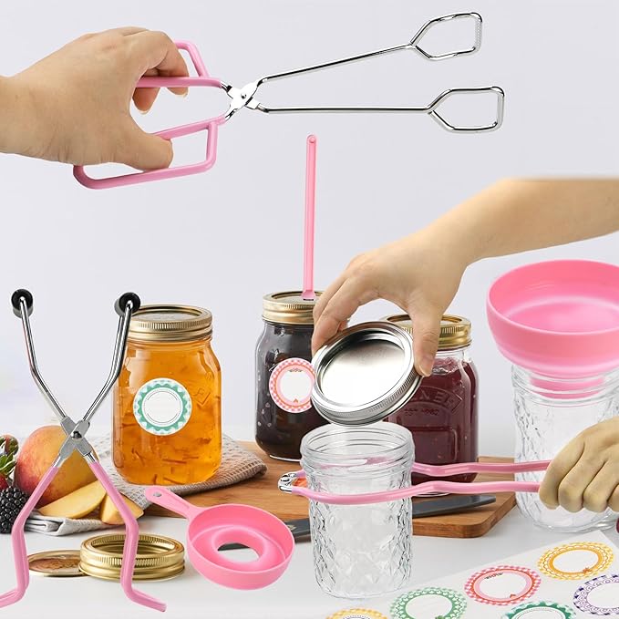Home Canning Supplies Starter Kit, Food Grade Stainless Steel Canning Tools with Jar Lifter Tongs, Funnel, Labels, Magnetic Lid Lifter, Essential Canning Accessories Equipment Set for Beginners, Pink