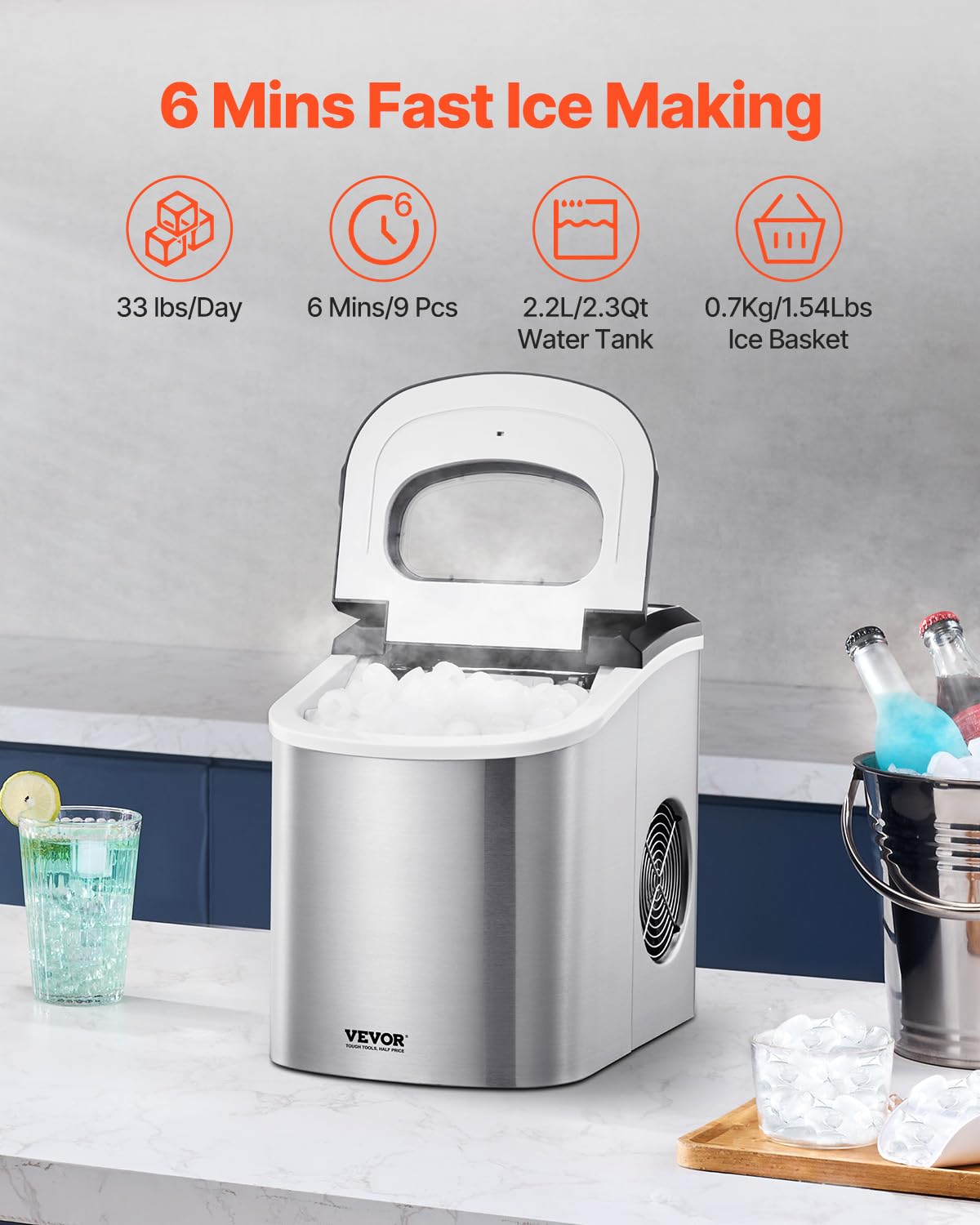 VEVOR Countertop Ice Maker, 9 Cubes Ready in 6 Mins, 33lbs in 24Hrs, Self-Cleaning Portable Ice Maker with Ice Scoop and Basket, Ice Machine with 2 Sizes Bullet Ice for Home Kitchen Office Bar Party