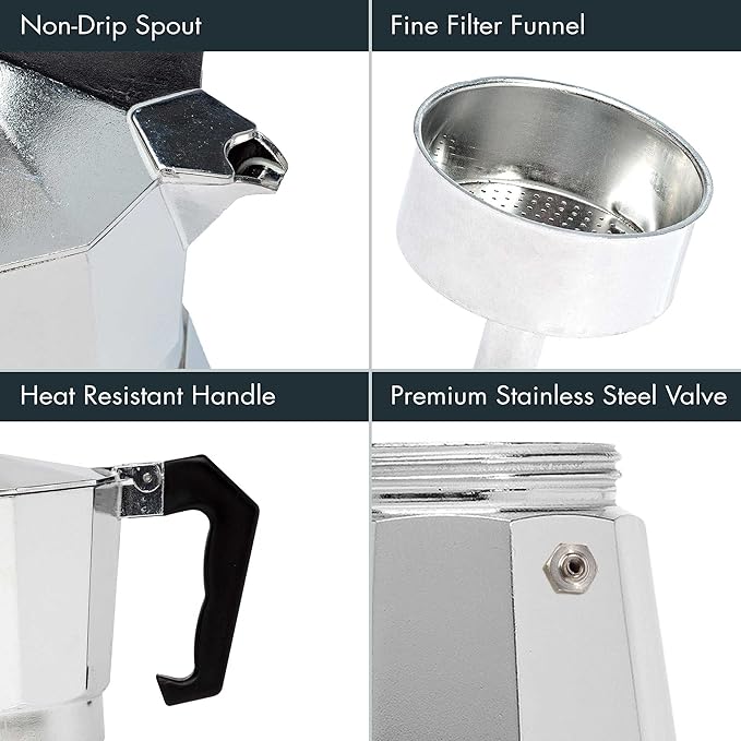 Primula Classic Stovetop Espresso and Coffee Maker, Moka Pot for Italian and Cuban Café Brewing, Greca Coffee Maker, Cafeteras, 3 Espresso Cups, Silver