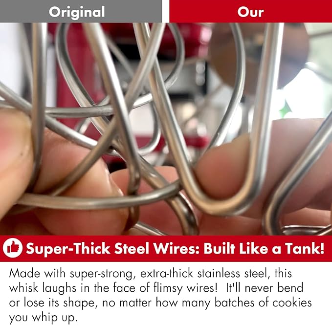 Heavy Duty Whisk Attachment for KitchenAid Bowl-Lift Stand Mixers- Extra Thick Stainless Steel Wire Whip for Fast Whipping, Perfect for Large Batches, Dishwasher Safe