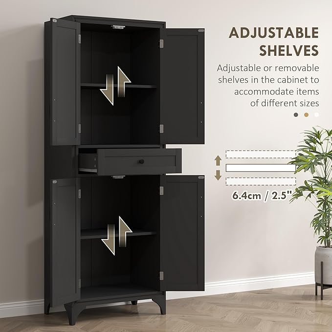 HOMCOM 67" Tall Freestanding Kitchen Pantry Cabinet, 4-Door Storage Cabinet with Drawer and Adjustable Shelves for Dining Room, Black